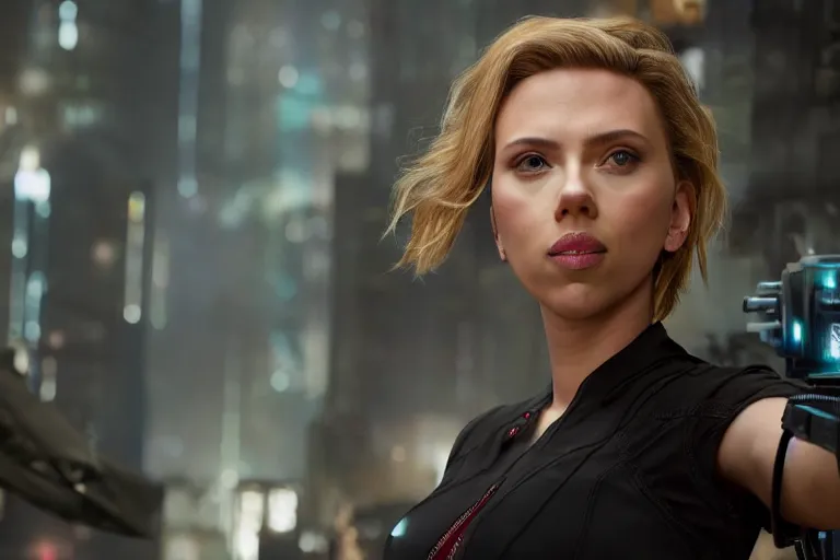 Image similar to Scarlett Johansson deploying code to production working on laptop high-resolution digital art cyberpunk