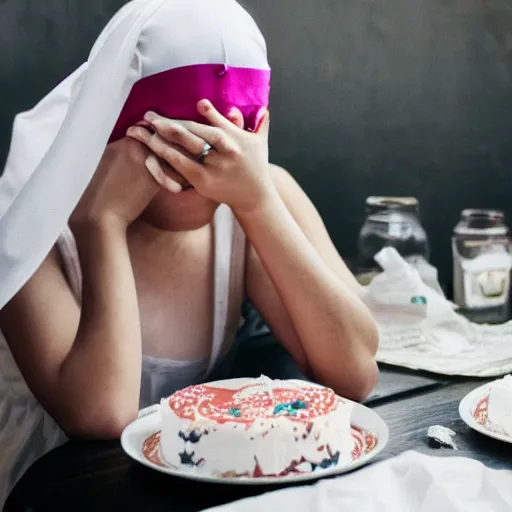 Prompt: a girl with a white headkerchief sitting alone on a birthday table looking sad