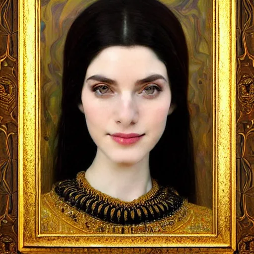 Image similar to Portrait of a beautiful, pale skin, female with long black hair, dark brown eyes, smiling, elegant saudi traditional clothing, photorealistic, highly detailed oil painting, artstation, smooth, sharp focus, art by Klimt, artgerm, Greg Rutkowski and Alphonse Mucha, natural light, Adobe Lightroom, photolab, Affinity Photo, PhotoDirector 365, artstation