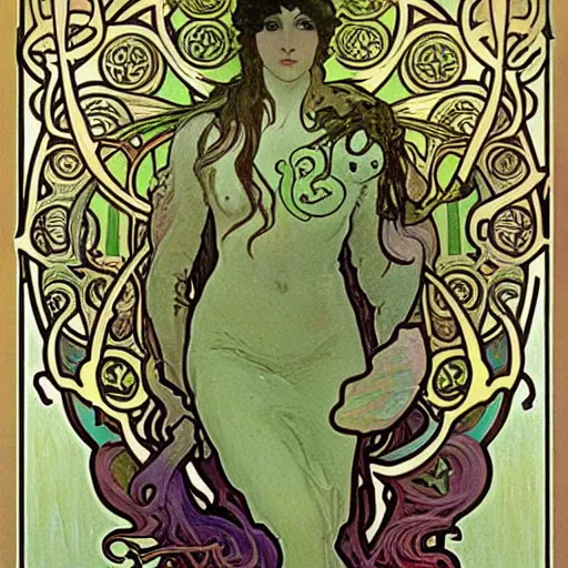 Image similar to an art nouveau painting by Alphonse Mucha of the god Cthulhu