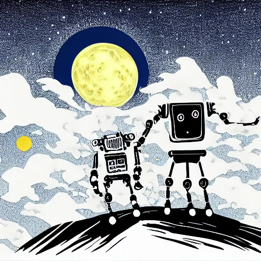 Prompt: illustration of two robots holding hands on a summit, standing, looking out toward a full moon on a starry night, beautiful, in the style of hirohiko araki