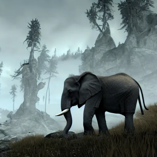 Prompt: a elephant in skyrim screenshot