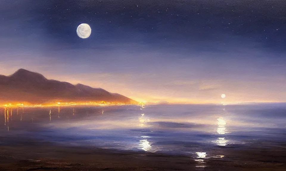 Image similar to the most beautiful panoramic landscape, oil painting, a beach at night lit by the moon, mountains in the distance, clouds, foggy, cinematic lighting, highly detailed, very realistic