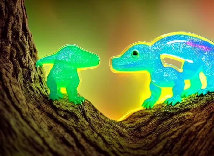 Image similar to photo of a translucent clear chibi style baby dinosaur made out of clear plastic, but has red hypercolor glowing electric energy inside its body, in the forest. fantasy magic style. highly detailed 8 k. intricate. nikon d 8 5 0 3 0 0 mm. award winning photography. design by pixar