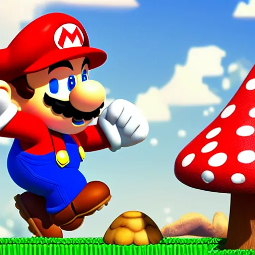 Prompt: Mario jumping off a white and red spotted mushroom, Mario brothers theme, mushroom kingdom in background, landscape, beautiful, colorful, cinematic composition, exotic plants, goombas,