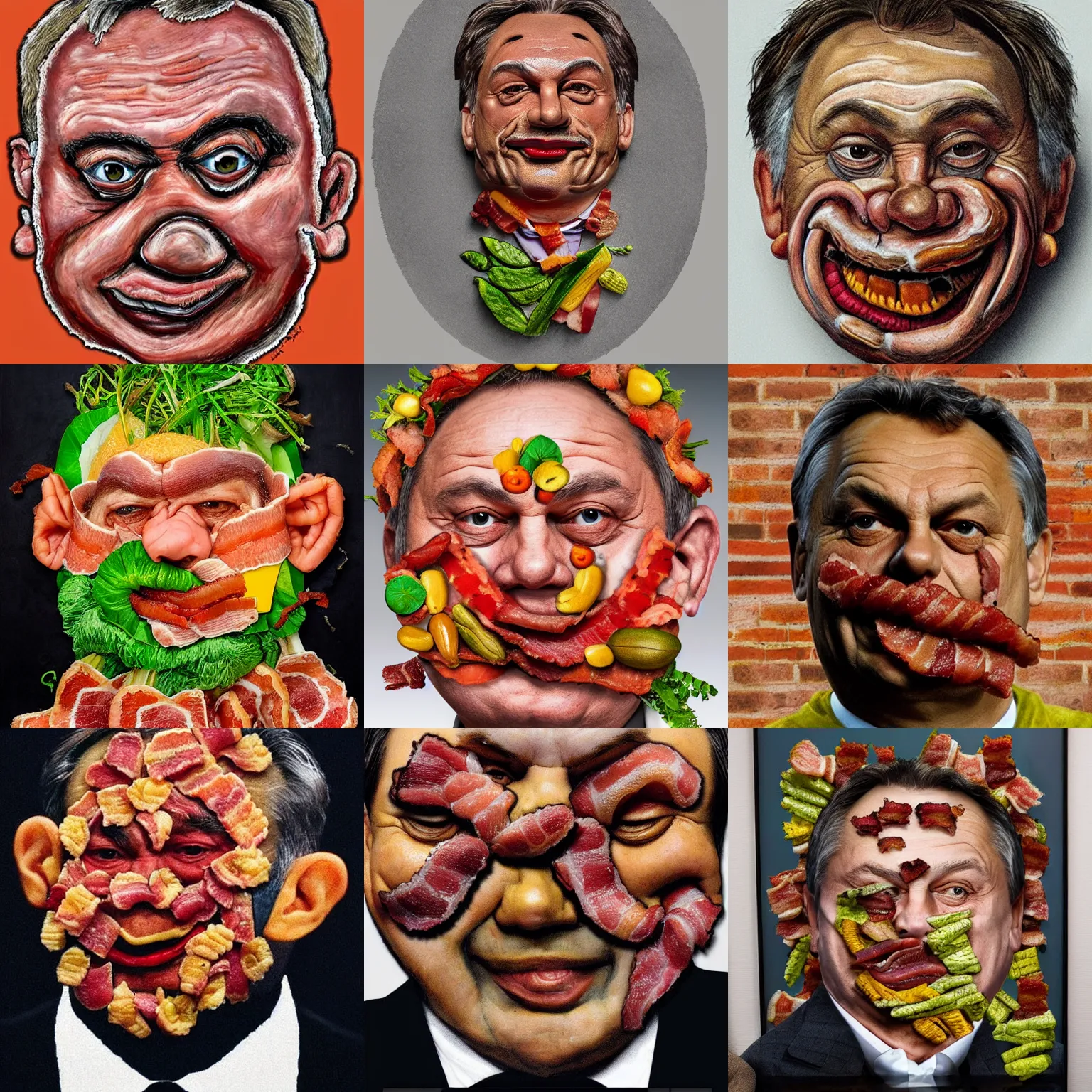 Prompt: the face of viktor orban in the style of arcimboldo made out of bacon