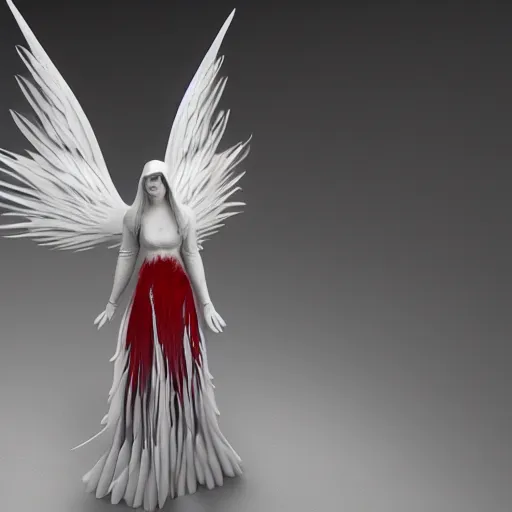 Prompt: biblically acurate angel, highly detailed, white, feathers, red, heavenly, dynamic lighting, 3 d rendering, blender, unreal engine, eyes, realistic.