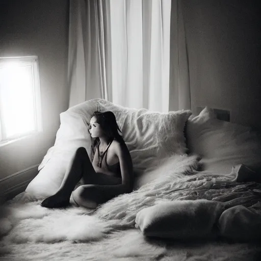 Prompt: Pictorial portrait photo of Liv Sage lounging in her bedroom, candlelit, large format, dramatic light