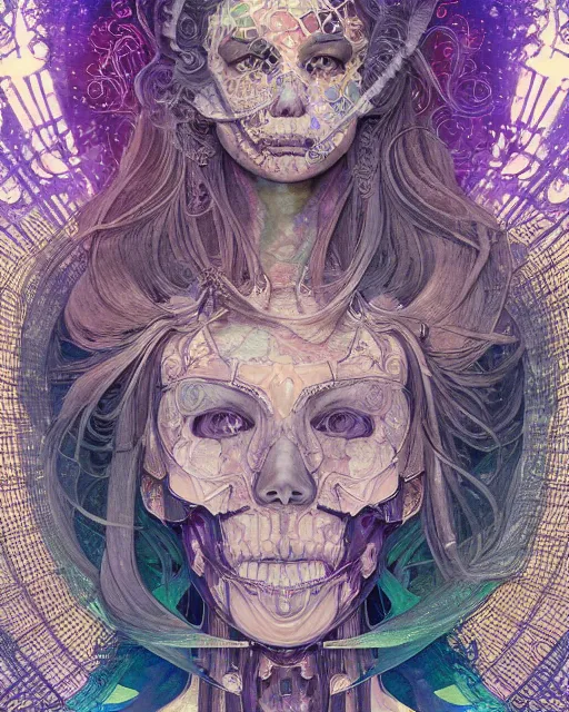 Image similar to glitch art bionic skeleton ghost, glitches, vaporwave, highly detailed, very intricate, art nouveau, filigree, romantic storybook fantasy, soft cinematic lighting, award - winning, disney concept art watercolor illustration by mandy jurgens and alphonse mucha and alena aenami, pastel color palette, featured on artstation