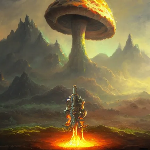 Image similar to Yoshi made of earth and molten metal with heavy knight armor in the style of anime by Peter Mohrbacher, Matte painting of mushroom kingdom landscape in background, colorful, cinematic, anime trending on artstation, HD, 4k,