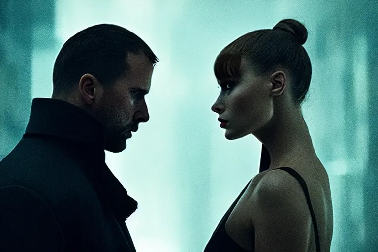 Image similar to film still of closeup beautiful russian models couple closeup in blade runner 2 0 4 9, cinematic, moody, gritty neon noir by emmanuel lubezki