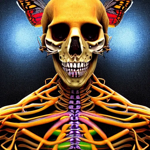 Image similar to a portrait of a skelton with moth wings, highly detailed, digital photo, hdri, by christopher bretz and john carpenter, vivid colors, high contrast, 8 k resolution, intricate, photorealistic, smooth, psychedelic color scheme, concept art, award winning, cg society contest winner