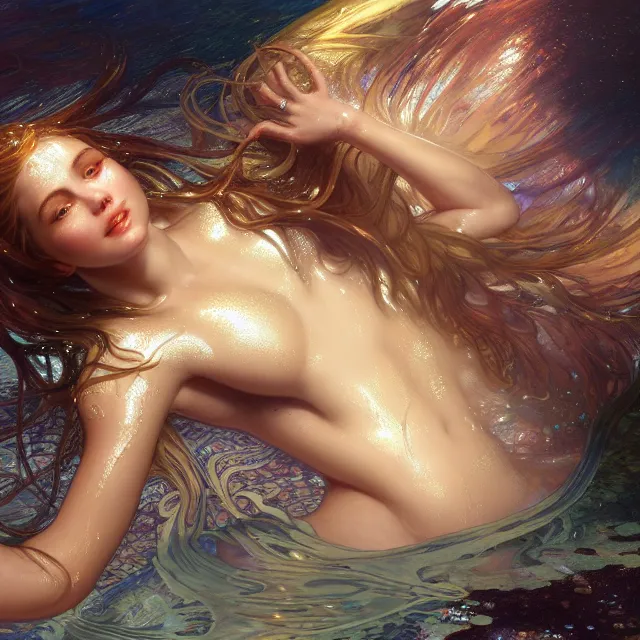 Image similar to close up portrait of a beautiful female mermaid, shiny skin, wet, artistic, magical water background with caustics, light rays, fantasy atmosphere. art by artgerm and greg rutkowski and alphonse mucha, highly detailed, intricate, lifelike. sci - fi, fantasy, magical, octane render, nikon d 8 5 0.