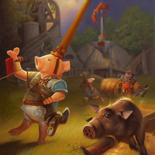 Prompt: trebuchet launching a pig, oil painting by justin gerard, deviantart