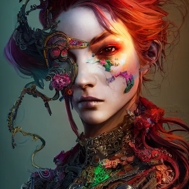 Prompt: the portrait of chaotic neutral colorful female rogue assassin as absurdly beautiful, gorgeous, elegant, playful, young woman, an ultrafine hyperdetailed illustration by kim jung gi, irakli nadar, intricate linework, bright colors, octopath traveler, final fantasy, unreal engine 5 highly rendered, global illumination, radiant light, detailed and intricate environment