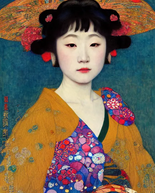 Prompt: a beautiful japanese girl in a colourful dress with surrounded by colourful patterns, by gustave klimt and edgar maxence and caravaggio and michael whelan, artistic, intricate drawing, light brazen, realistic fantasy, extremely detailed and beautiful aesthetic face, 8 k resolution, dramatic lighting