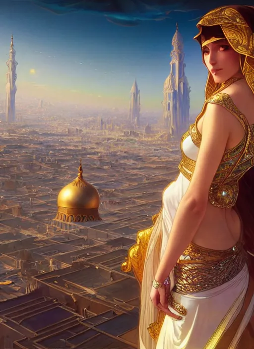 Image similar to an arabian princess looking over her city, shiny, fantasy, intricate, elegant, hyper detailed, ultra definition, photoreal, artstation, unreal engine rendered, concept art, smooth, sharp focus, illustration, art by artgerm and greg rutkowski and alphonse mucha and garis edelweiss