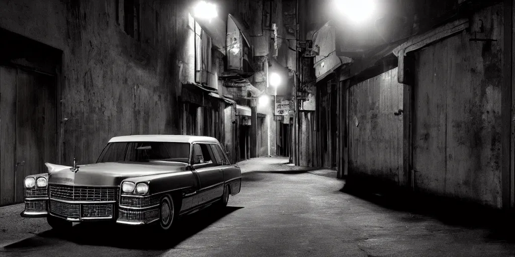Image similar to a widescreen photo of a old dubbledecker cadillac in a dark alley, low light, by steve mccurry