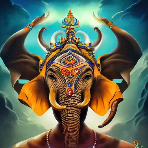 Image similar to lord shiva attaching an elephant head on a human subject, vivid and colorful, cinematic, highly detailed, artstation