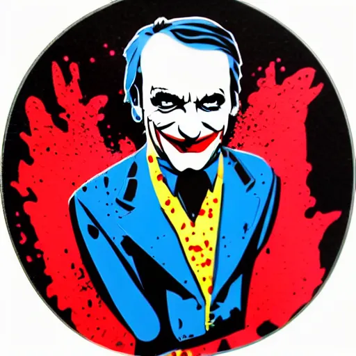 Image similar to die cut sticker, saul goodman wearing the joker suit, splatter paint