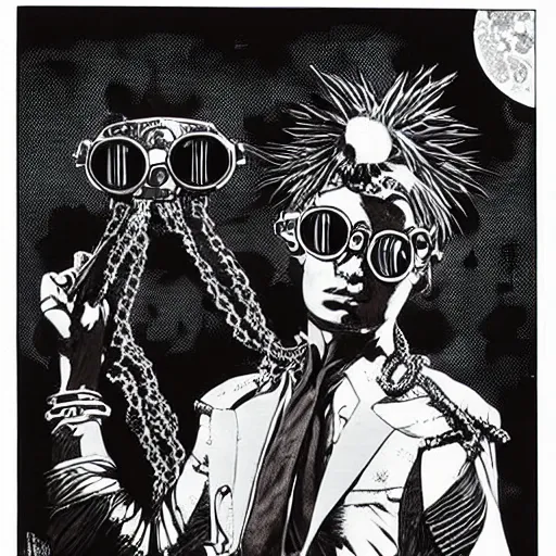 Image similar to a eccentric cybergoth guy wearing goggles and eclectic jewelry, small details, aesthetic!!!, by virgil finlay, by moebius,