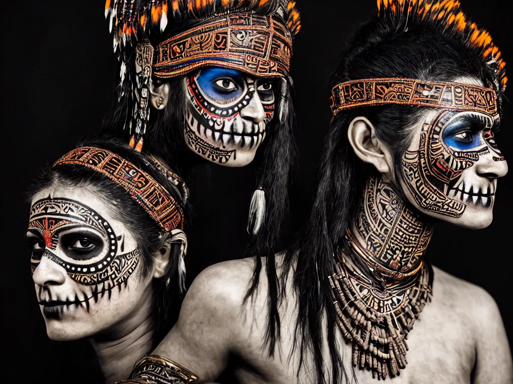 Image similar to photorealistic head and shoulders photo of beautiful female ornate fantasy indian tribal aztec warrior goddess, confident, minimal black skull warpaint, tattoos, Neil Blevins, James Paick, Natasha Tan, Maciej Kuciara, Frank frazetta, arney freytag, Ritu Kumar, Sabyasachi Mukherjee, Annie Leibowitz, bokeh, 4k, fashion pose, cinematic, National Geographic photo shoot, dramatic, 28mm