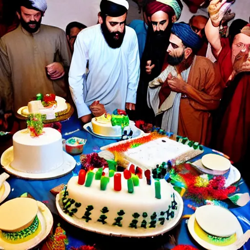 Image similar to color photograph of a festive taliban first anniversary party with cake.