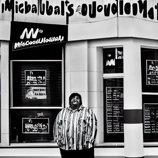 Image similar to wesley willis rock and roll mcdonalds, portrait, (Sony a7R IV, symmetric balance, polarizing filter, Photolab, Lightroom, 4K, Dolby Vision, Photography Award, black and white)