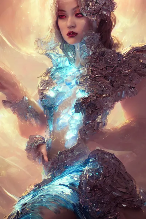 Image similar to torso closeup model wearing exploding ice crystal dress, sorcerer, diamonds, angel, fantasy, dramatic lighting, highly detailed, digital painting, holding electricity, magic the gathering, hyper detailed, 3 d render, hyper realistic detailed portrait, peter mohrbacher, wlop, ruan jia