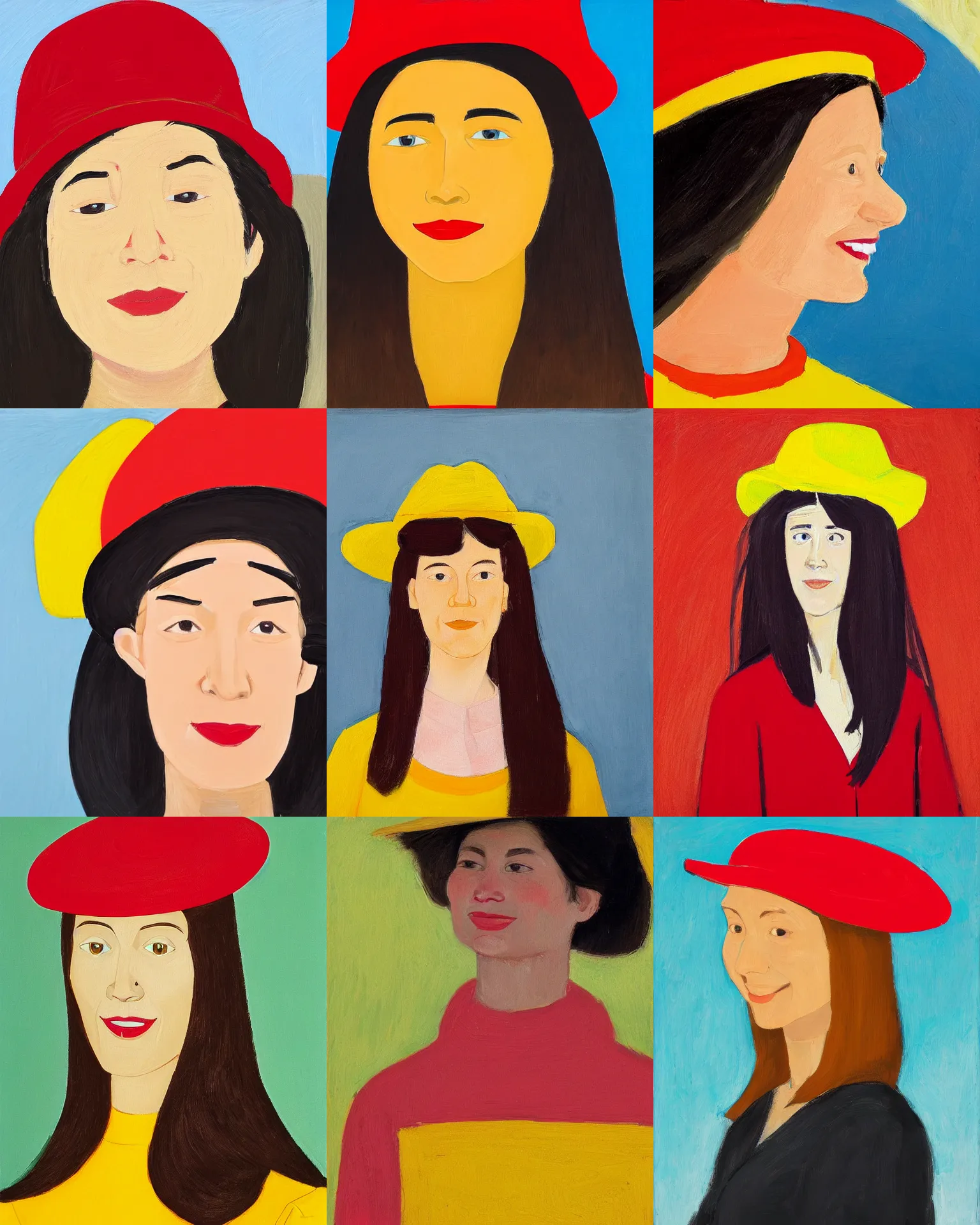 Image similar to portrait of a smiling young woman with hat, long hair and red shirt, yellow background, colorful, by alex katz, close up