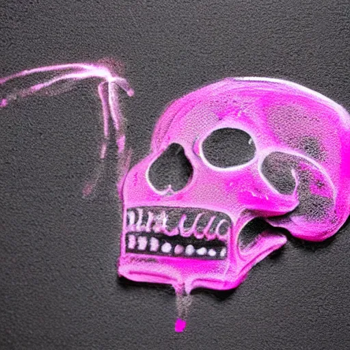 Image similar to a 3 d wireframe pink cartoon skull spray painted on a black background with dripping pink spray paint, three fourths view, graffiti, black background!!!!!, outline