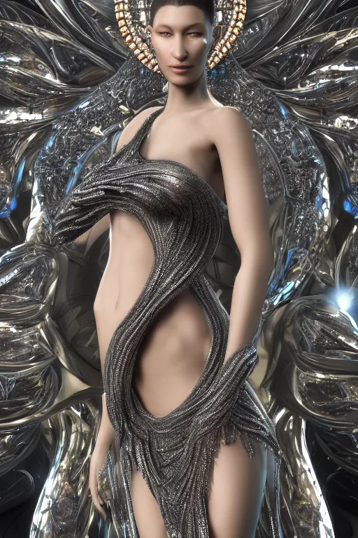 Prompt: a highly detailed metahuman 4 k render close up of an alien goddess bella hadid in iris van herpen dress schiaparelli in diamonds swarovski and jewelry in style of alphonse mucha trending on artstation made in unreal engine 4