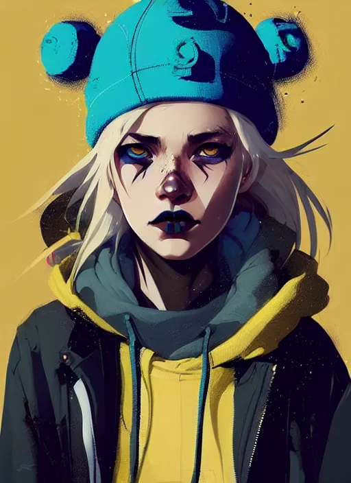 Image similar to highly detailed portrait of a sewer punk lady student, blue eyes, tartan hoody, hat, white hair by atey ghailan, by greg rutkowski, by greg tocchini, by james gilleard, by kaethe butcher, gradient yellow, black, brown and cyan color scheme, grunge aesthetic!!! ( ( graffiti tag wall ) )