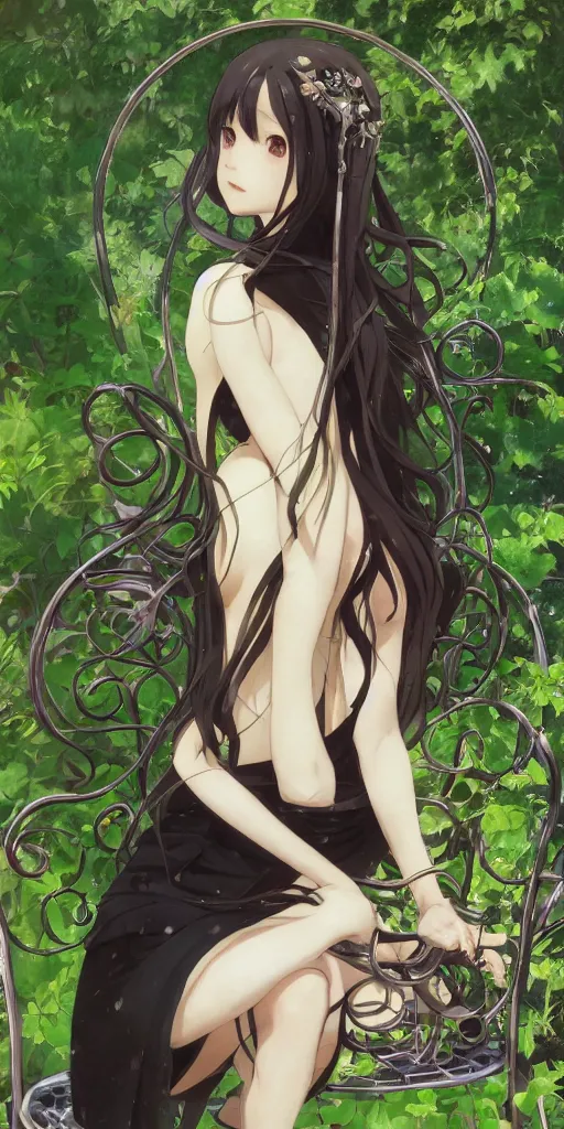 Image similar to a loli with long hair in a black dress sitting on a metal garden chair in the privet garden at afternoon, green and warm theme, back lighting, highly detailed, by krenz cushart and mucha and akihito yoshida and greg rutkowski and makoto shinkai and studio ghibli, detailed eyes, 4 k resolution, trending on art station