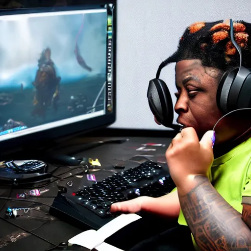 Image similar to obese Lil Wayne wearing a headset yelling at his monitor while playing WoW highly detailed wide angle lens 10:9 aspect ration award winning photography erasure head