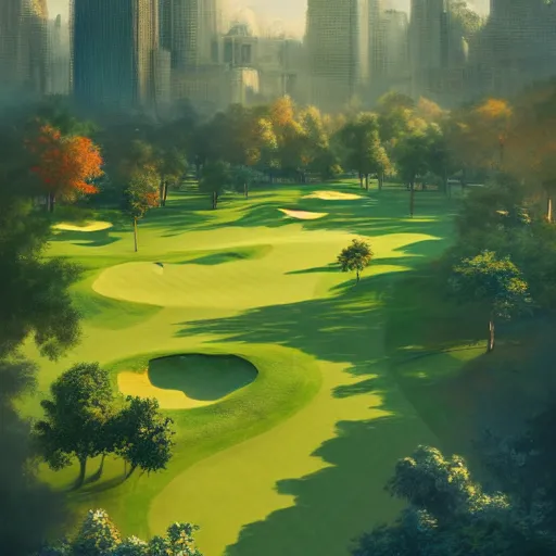 Prompt: Concept art, beautiful painting of a small golf course in the midst of metropolis city, 8k, Jeremy Cheung, greg rutkowski, artstation, aerial view