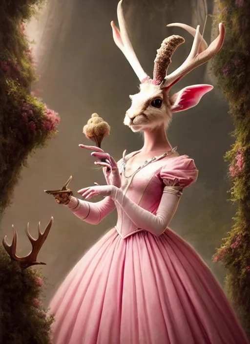 Image similar to a beautiful closeup shot from a fantasy film of a humanoid jackalope wearing a pink ballgown, anthropomorphic jackalope with antlers, full body portrait, joseph ducreux, greg rutkowski.