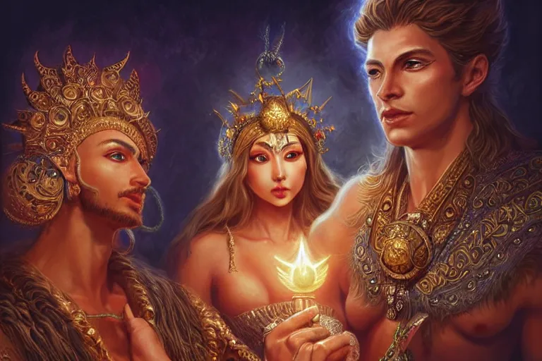 Image similar to close up moment of a divine a sun god and a moon goddess lovers magician at a wedding banquet, highly detailed, d & d, fantasy, highly detailed, digital painting, trending on artstation, concept art, sharp focus, illustration, art by artgerm and greg rutkowski and magali villeneuve