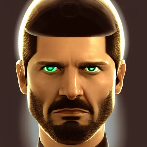 Prompt: adam jensen spaceship pilot close - up portrait by ralph mcquarrie. trending at artstation