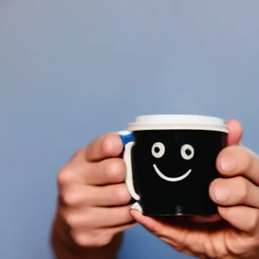 Image similar to a man holding a coffee mug. the coffee mug has a smiling, cartoony face on it.