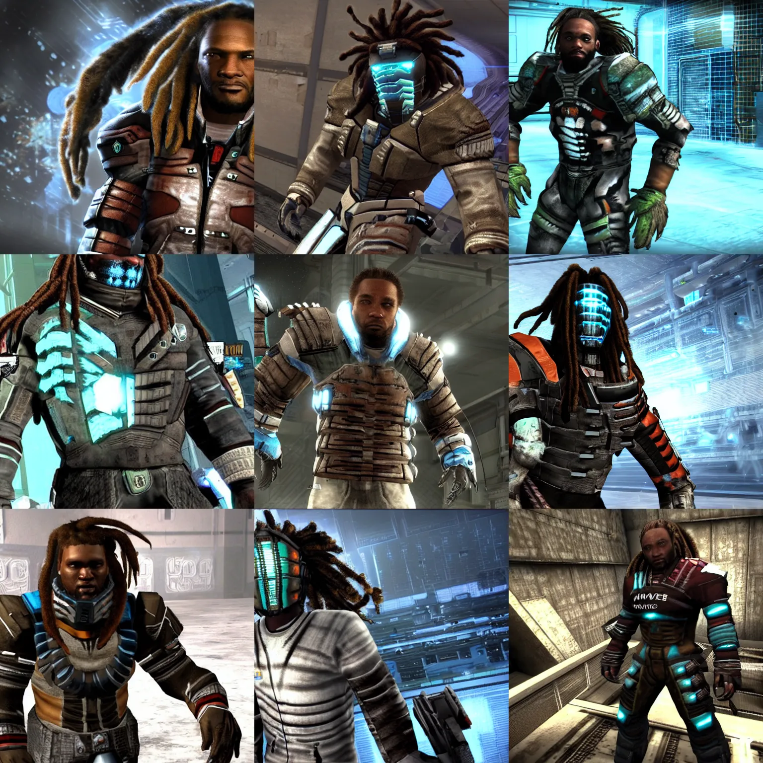 Prompt: game screenshot of woolie madden in dead space 1 with dreadlocks