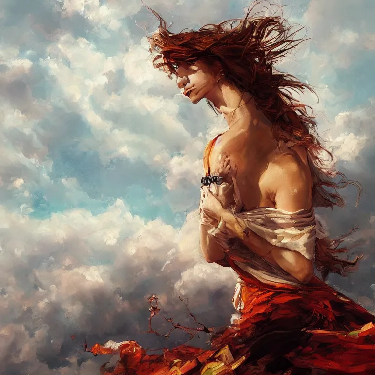 Image similar to a beautiful masterpiece painting of a herione by juan gimenez, windy day, award winning, trending on artstation,