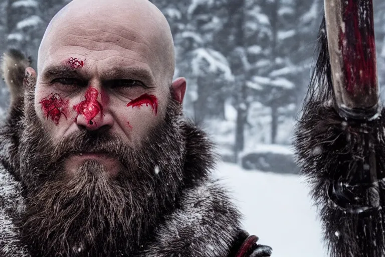 Image similar to vfx movie tough bald man in furs, natural grizzled skin, streaks of red face paint grey beard, dual wielding detailed viking war axes, in snowy tahoe, god of war by emmanuel lubezki