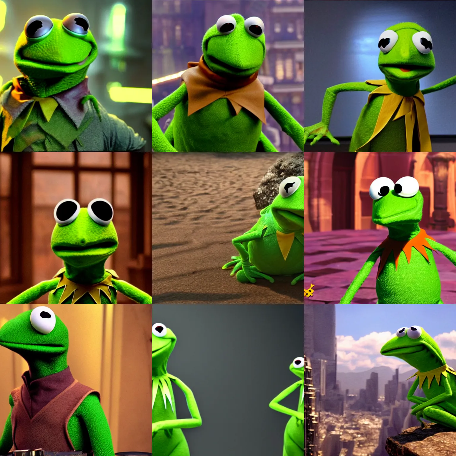 Prompt: A still of Kermit the Frog as Morpheus on Matrix, award winning photo, unreal engine, highly detailed features