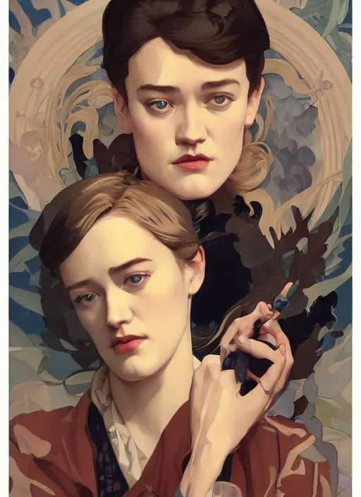 Image similar to mackenzie davis actress, mucha, hard shadows and strong rim light, art by jc leyendecker and atey ghailan and sachin teng