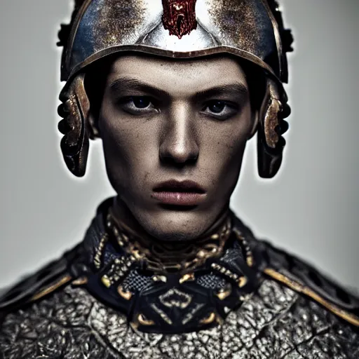 Prompt: a portrait of a beautiful young male wearing an alexander mcqueen armor made of clay , photographed by andrew thomas huang, artistic