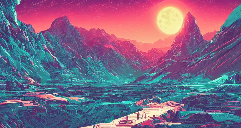 Prompt: a scifi landscape vector image by Dan Mumford, by Tokio Aoyama,trending on artstation,intricate,2d,4k,pastel colors