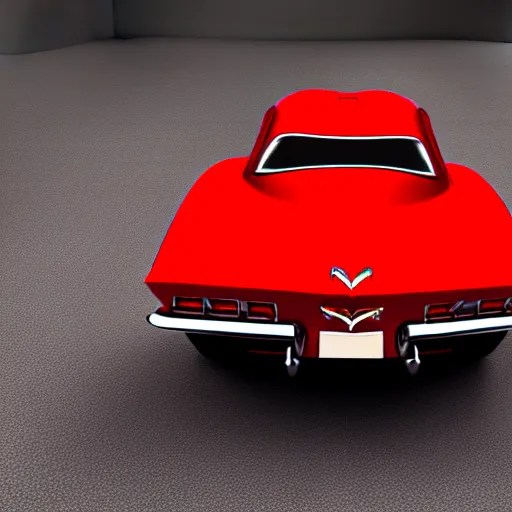 Prompt: The car is Corvette C2 1969, red paint, in a blank studio room. The car is on a perfectly flat floor. Left side profile view.