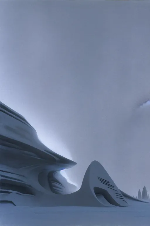 Image similar to scenes from planet hoth by john schoenherr, cinematic matte painting, zaha hadid building, 8 k, dark color palate