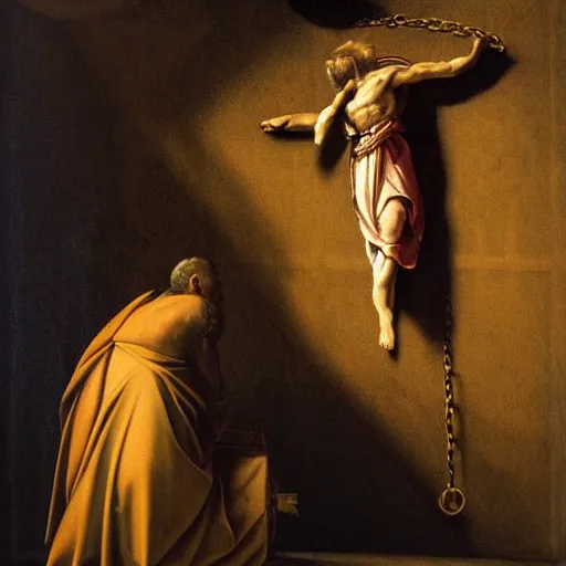 Prompt: Saint Peter in chains inside a prison cell, with spongebob, chiaroscuro, very detailed, oil painting by Caravaggio